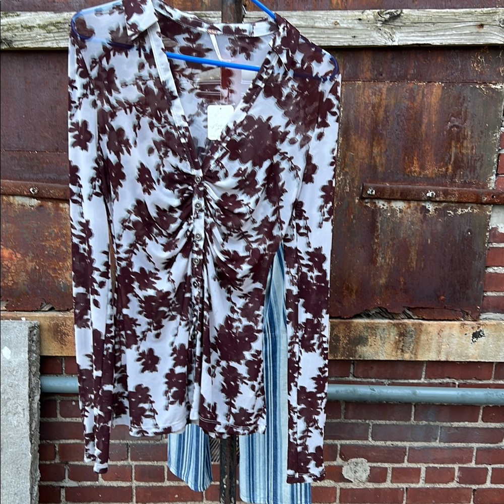 Free People Brown and White Ruched V Neck Blouse